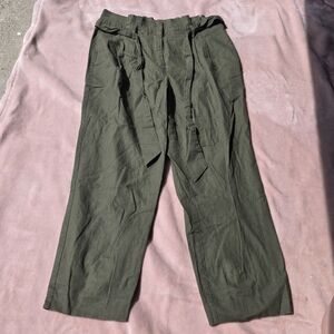 Boden Women pants army green tie waist paperbag linen blend 8R size 8 lagenlook